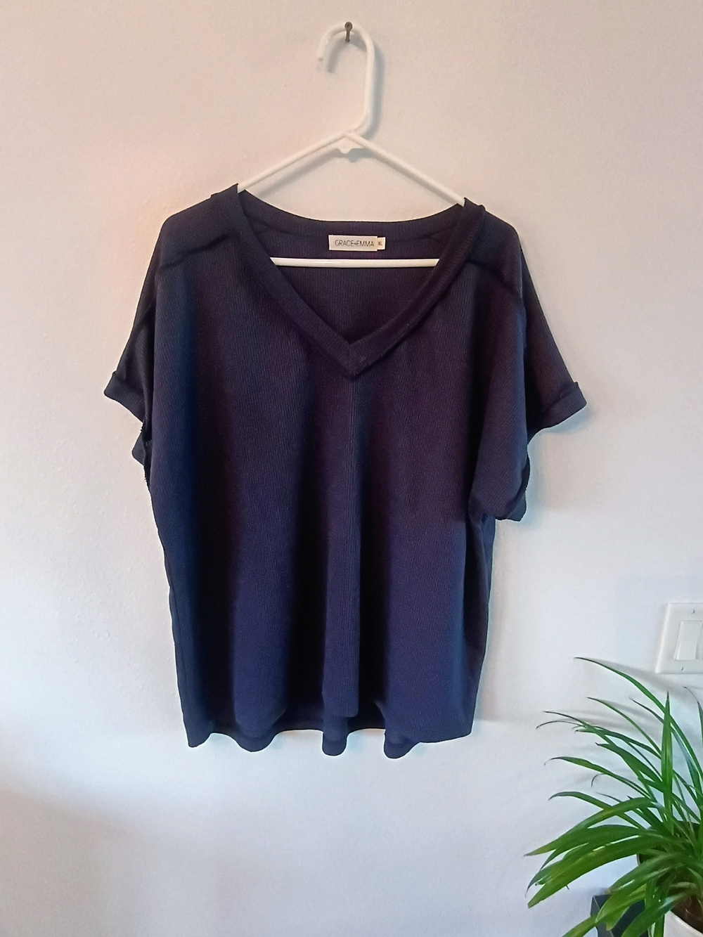 Grace + Emma Navy Blue Top XL V Neck Oversized Relaxed Stretch Knit Short Sleeve